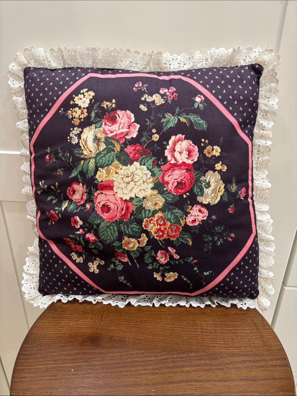 Floral Lace-Trim Accent Pillow in Black and Pink